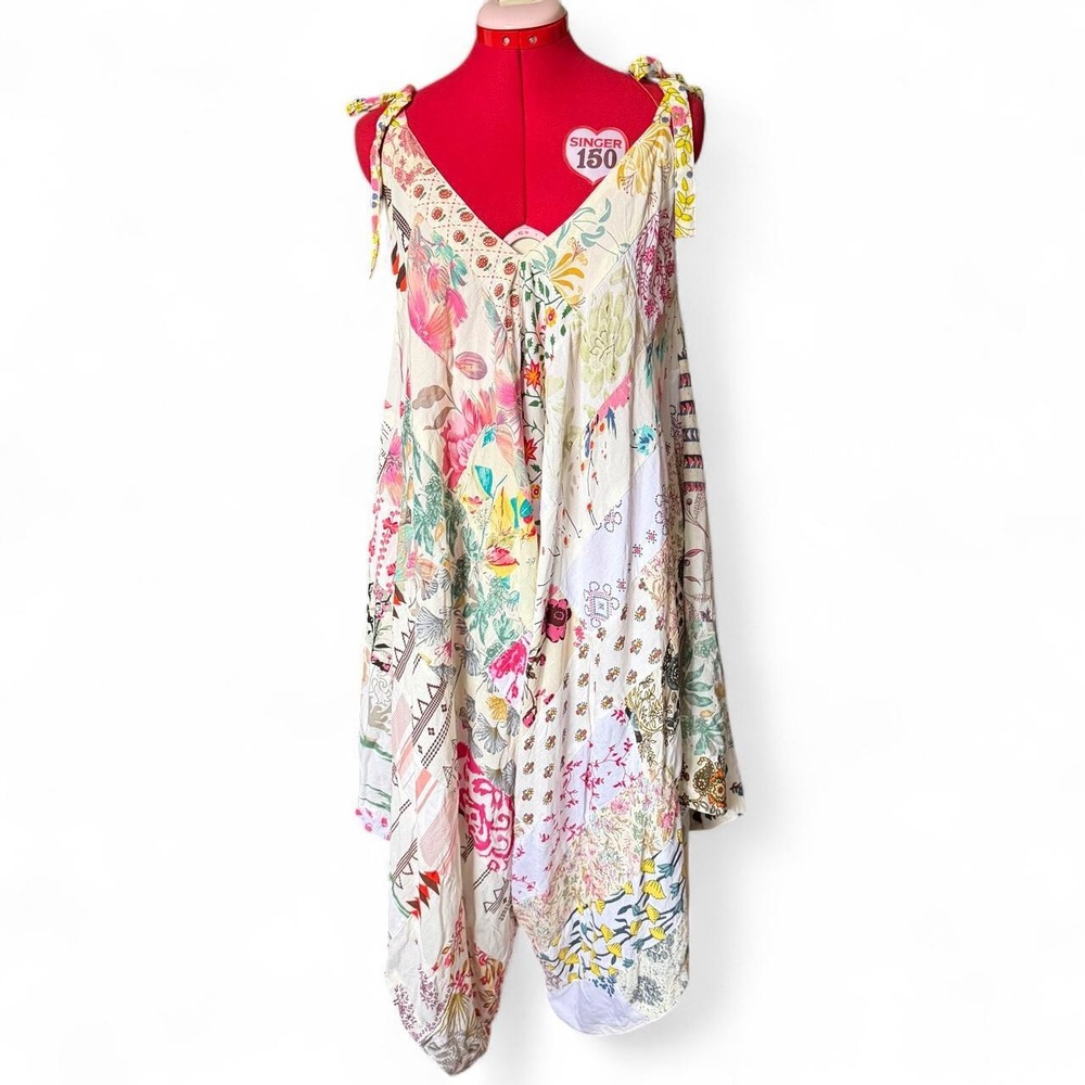 Earthbound Trading Co Light Assorted Patchwork Harem Jumpsuit with v neck small